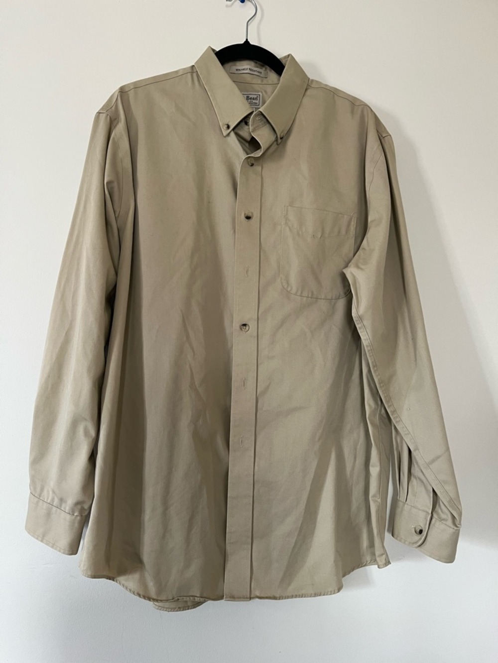 LL Bean Beige Button Down Shirt Mens Large Khaki Cotton Minimalist Work Outdoor